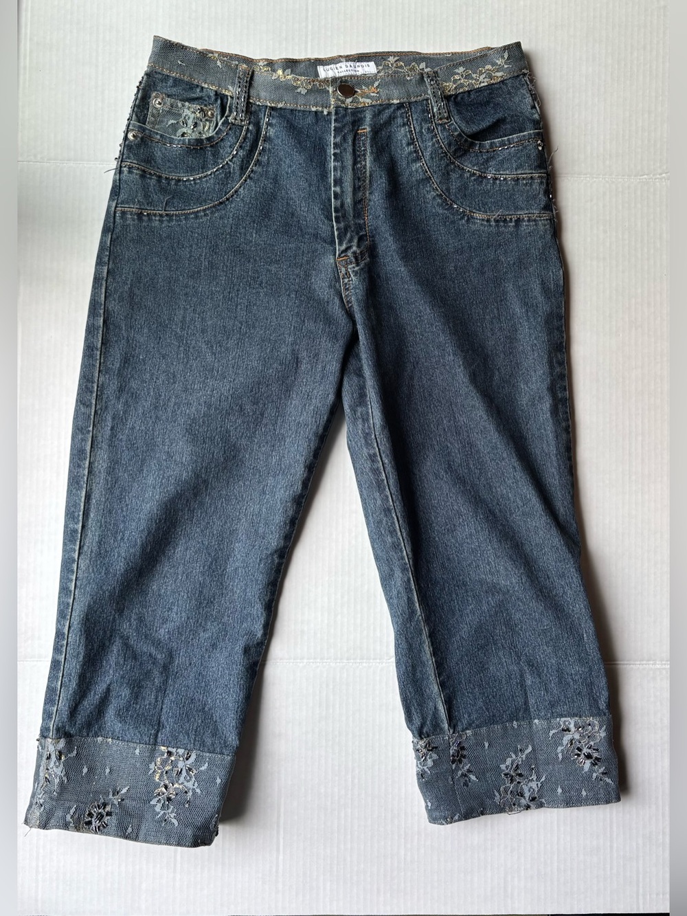 Lucien daunois denim capris lace mesh beaded overlay lace cuffs Y2K mcbling